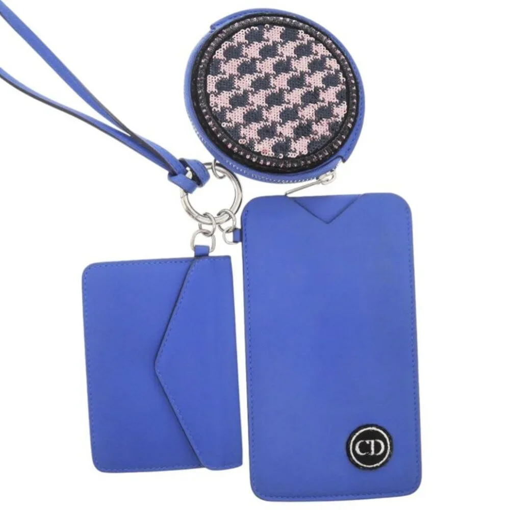 Christian Dior Neck Pouch Leather Blue Card Case 1422